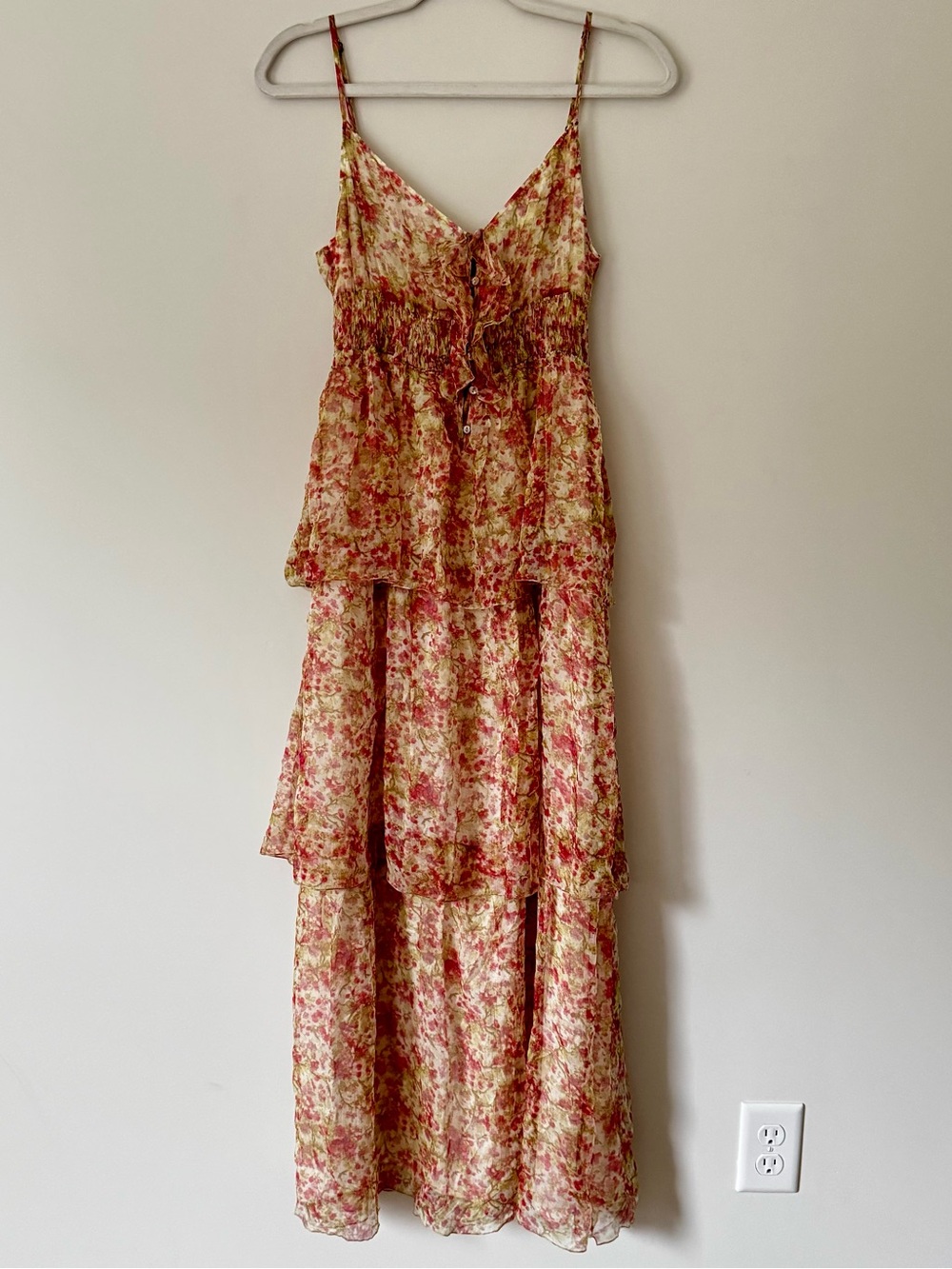 Massimo Dutti Vintage Y2K Silk Floral Tiered Ruffle Midi Dress, Pink Multi – 40